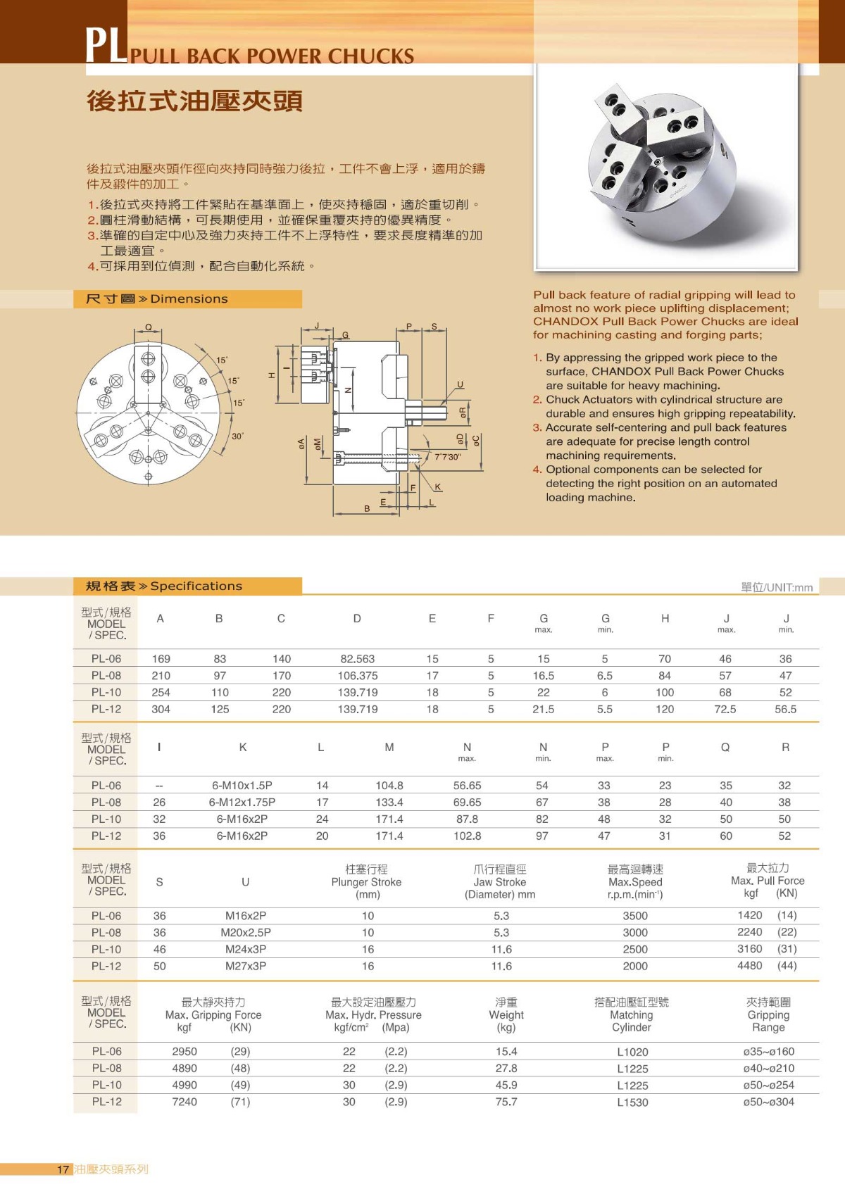 千島三爪后拉液壓卡盤參數表