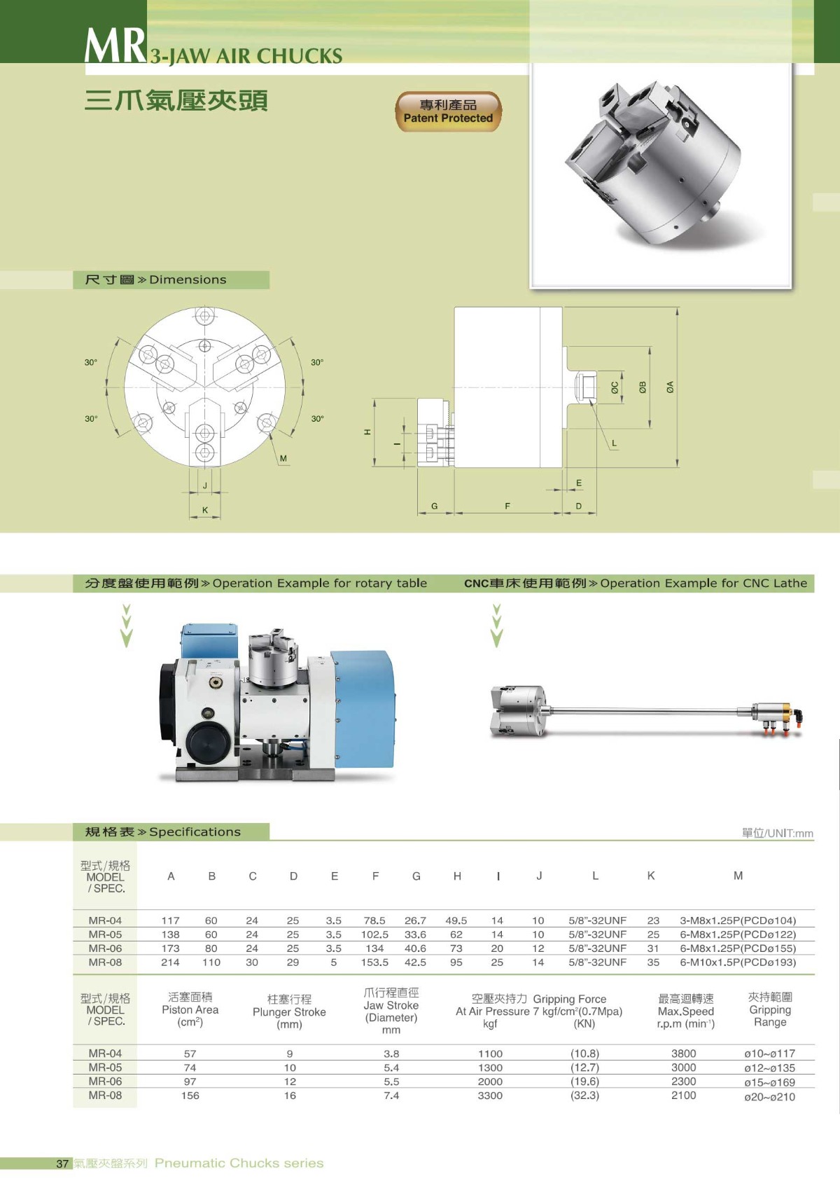 千島三爪氣動卡盤參數表