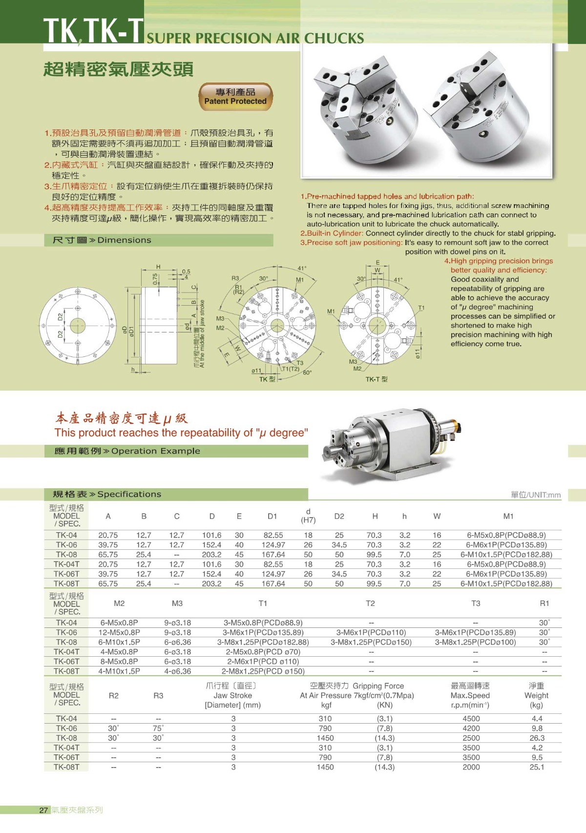 千島超精密二爪氣動卡盤參數表