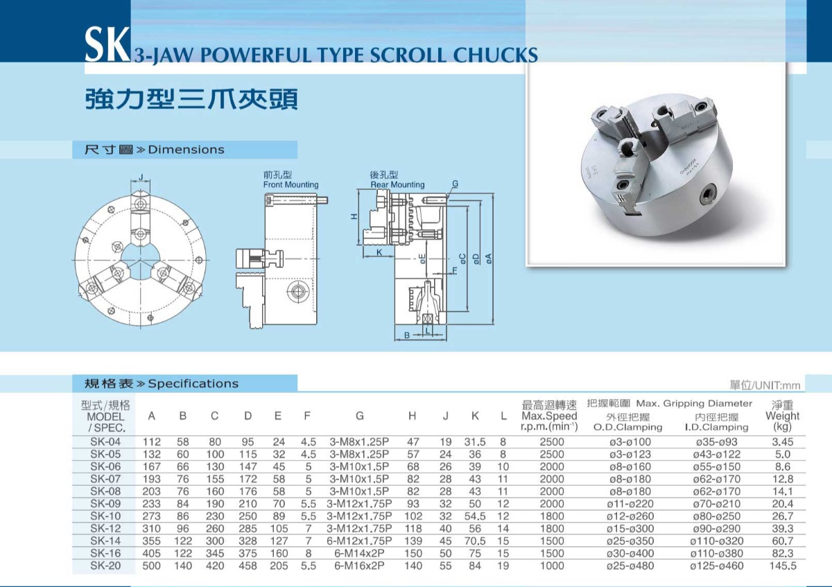 千島強力型三爪手動卡盤參數表