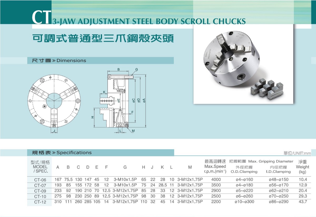 千島可調式普通型三爪手動卡盤參數表