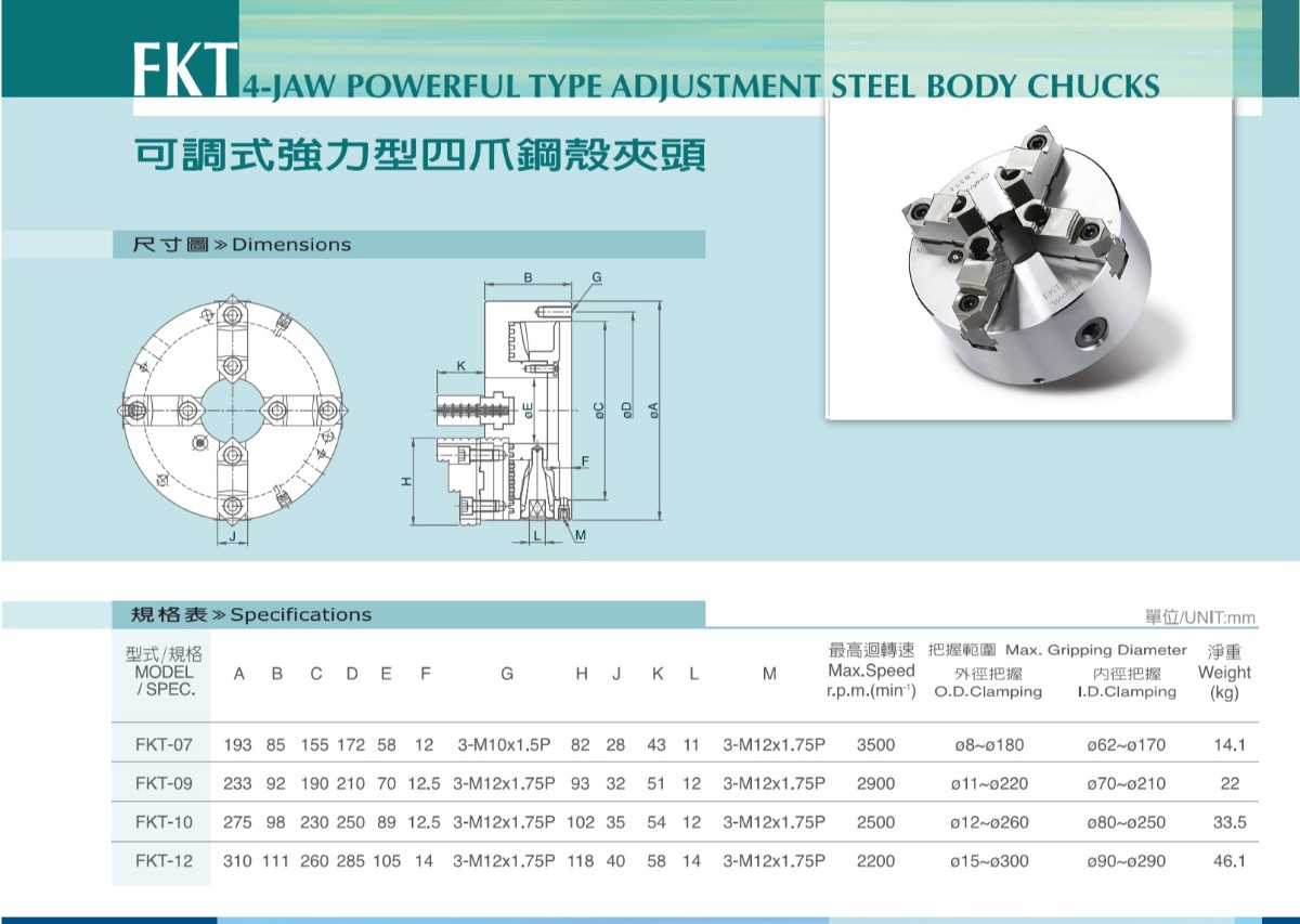 千島可調式強力型四爪手動卡盤參數表