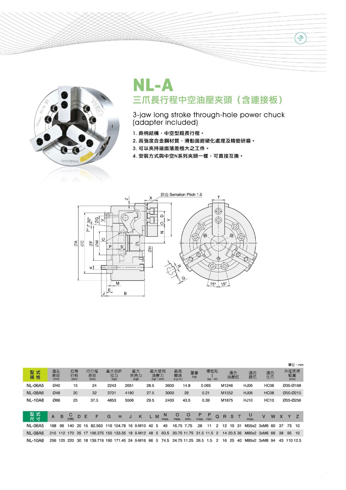 億川三爪長行程中空液壓卡盤參數表