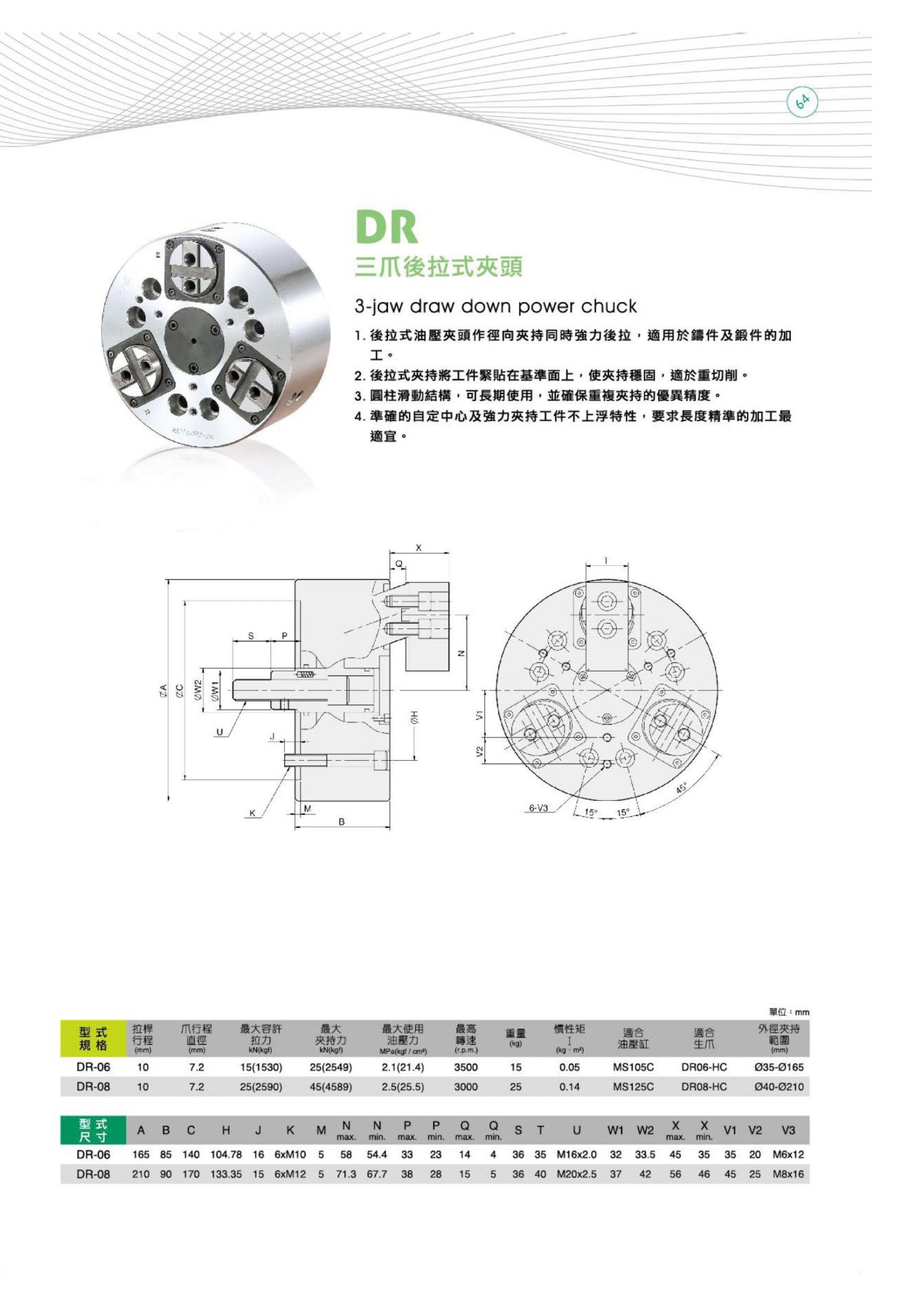 億川三爪后拉式卡盤參數表
