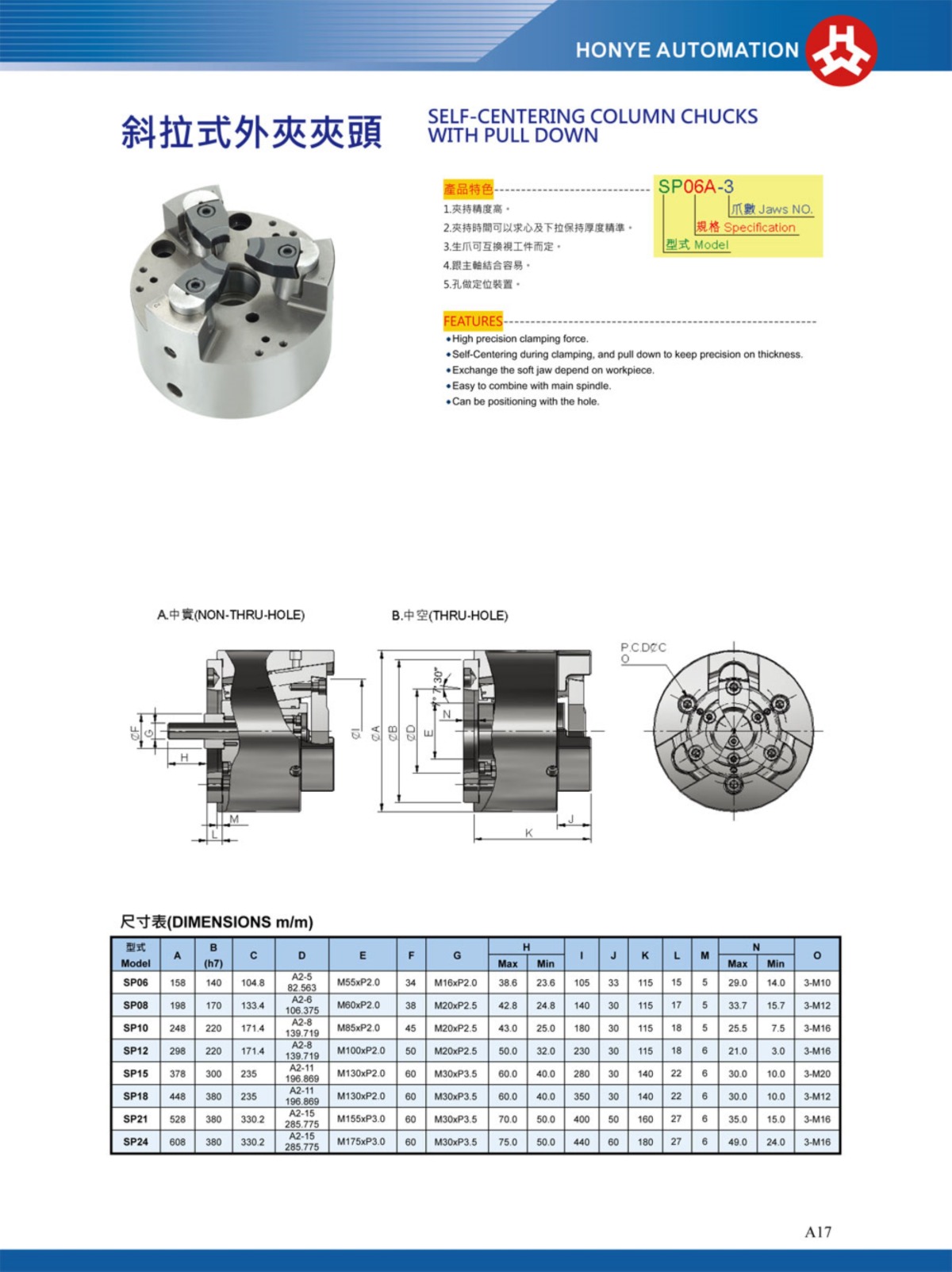 浩揚斜拉式外夾卡盤參數表