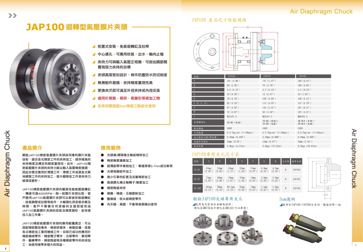 朝銓回轉型氣壓膜片夾頭參數表