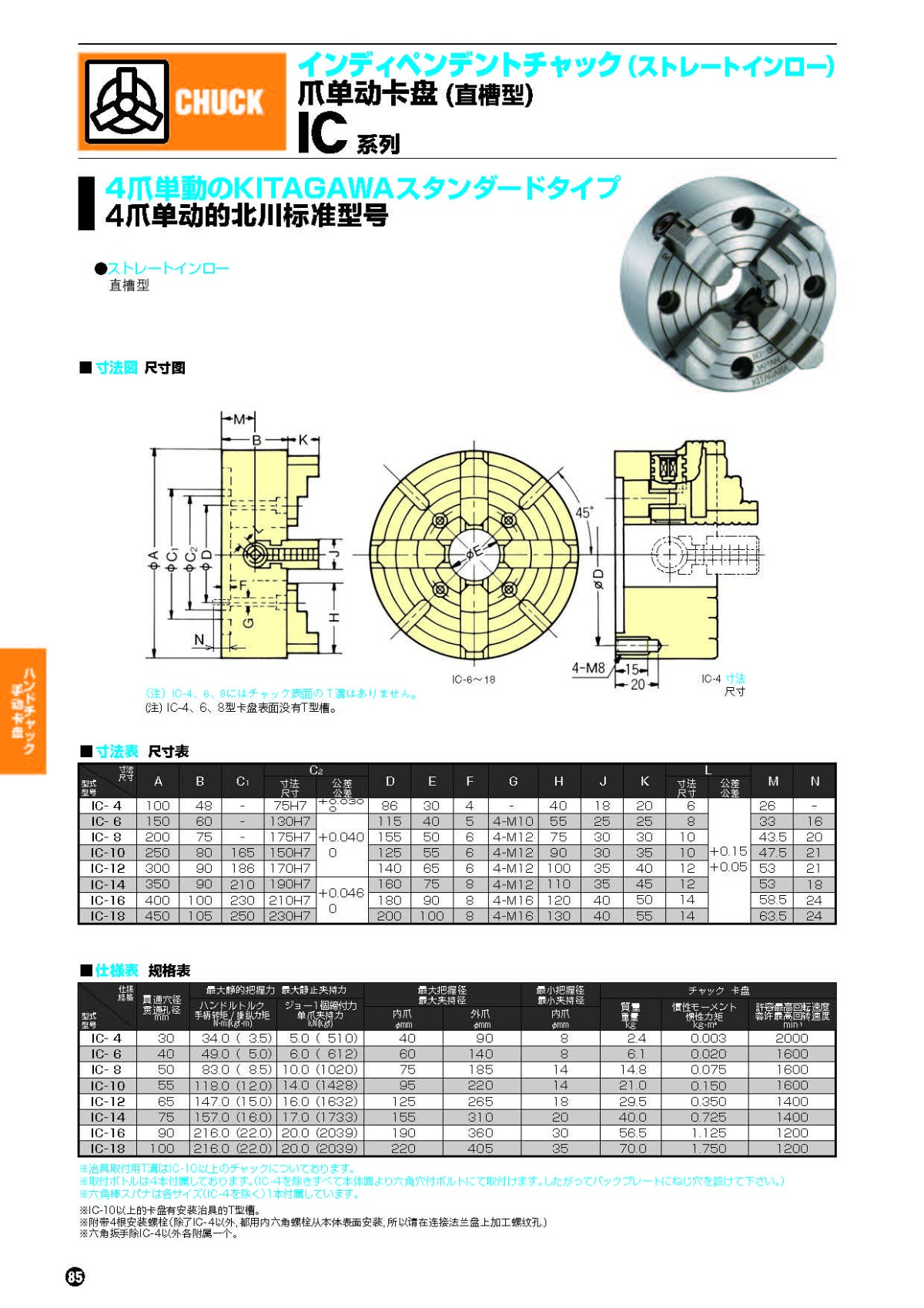 北川四爪單動卡盤IC系列